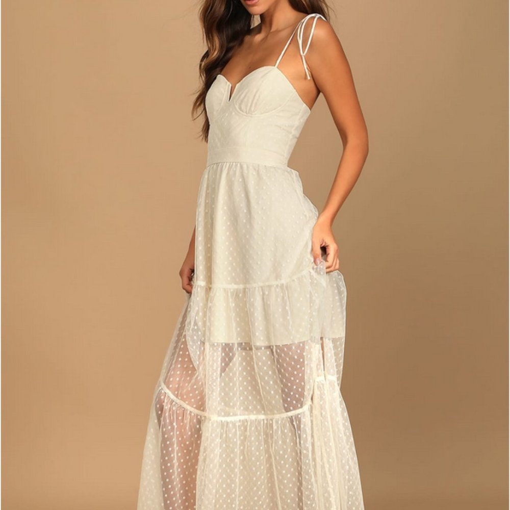 Lulus Romantic Spot Cream Polka Dot Mesh Tiered Midi Dress